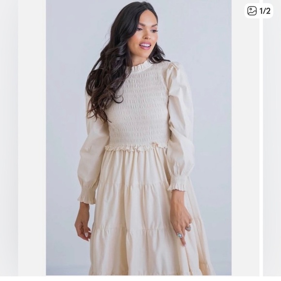 Karlie Dresses & Skirts - Karlie Smocked Tiered Long Sleeve Maxi DressSs M Beige